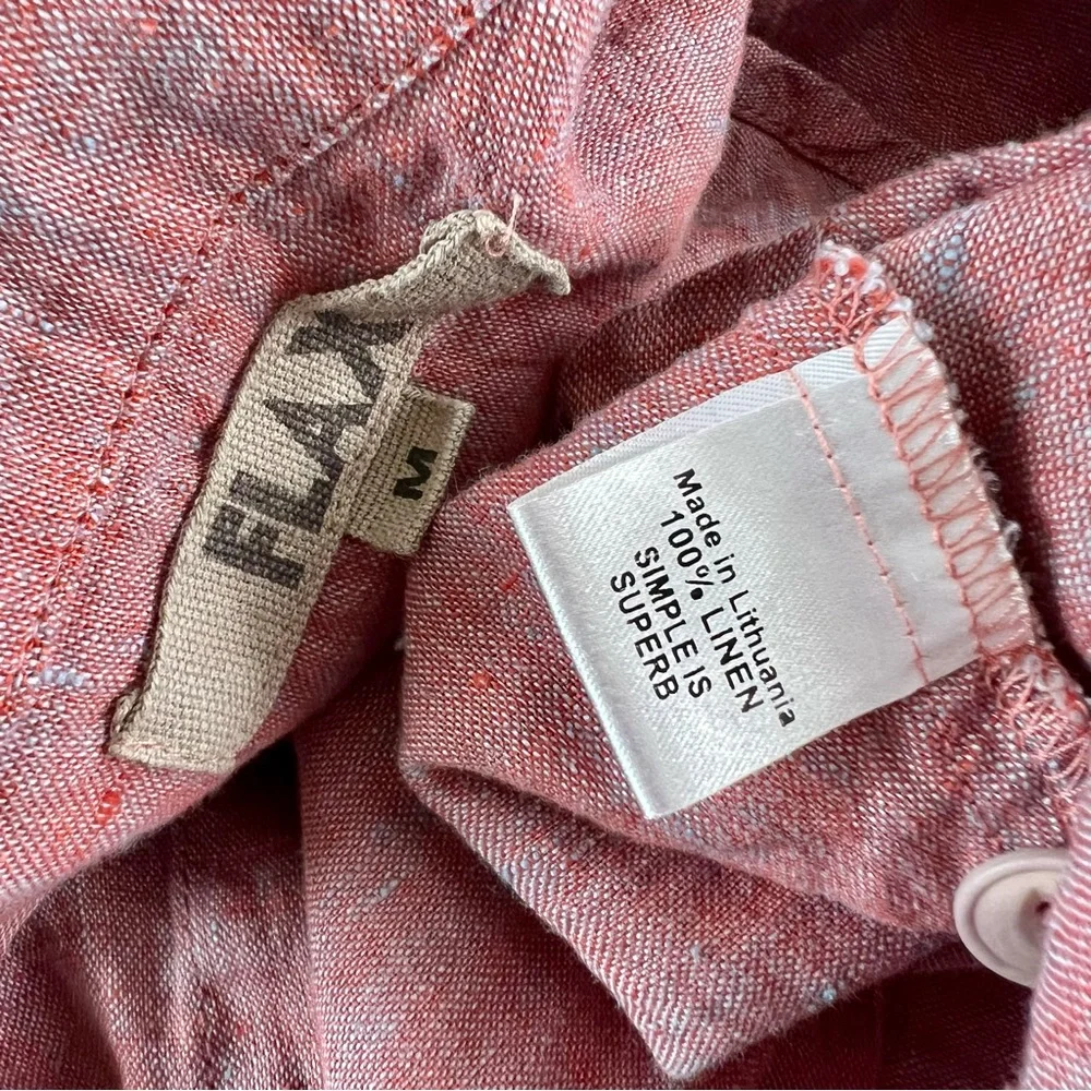 Flax 100% Linen Button Down Peplum Shirt Blouse Top Heathered Pink M Pleated - Picture 6 of 10